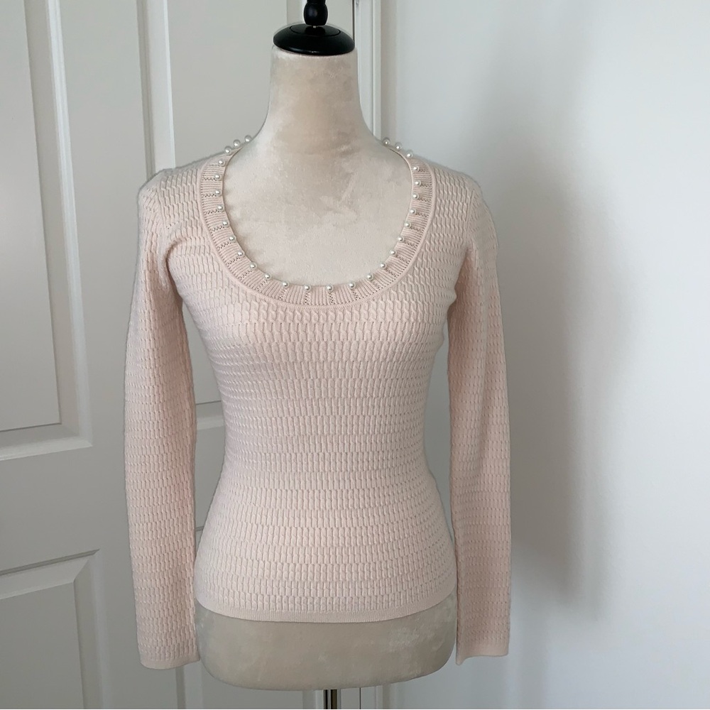 Sandro long sleeve beige pink sweater with pearl detail size XS